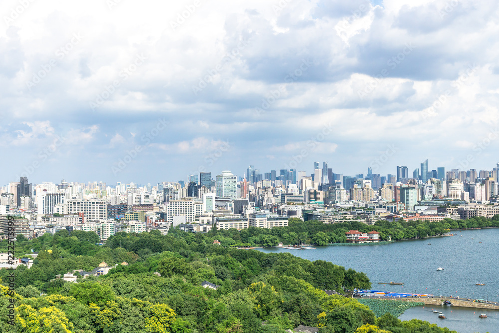 中国杭州城市天际线全景