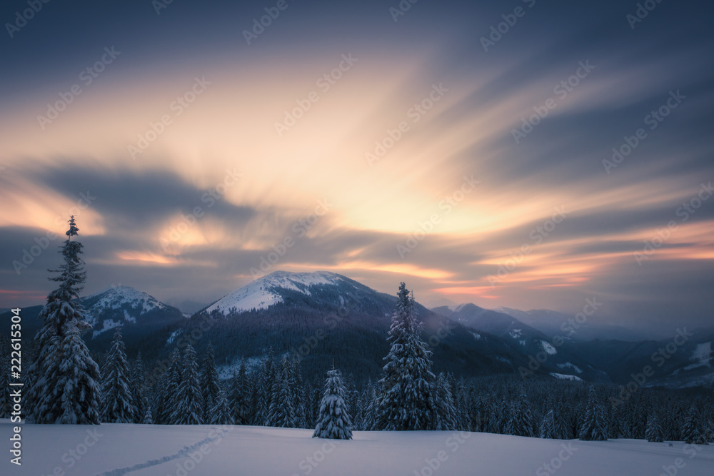 阳光照耀下的雪山中令人惊叹的橙色冬季景观。戏剧性的冬季场景