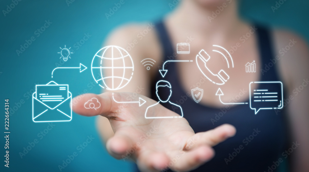 Businesswoman using thin line social network icons interface