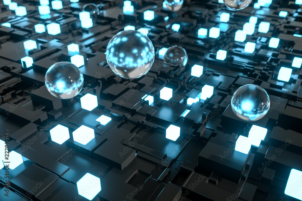 3d rendering, Fireball, Glass balls and luminescent squares