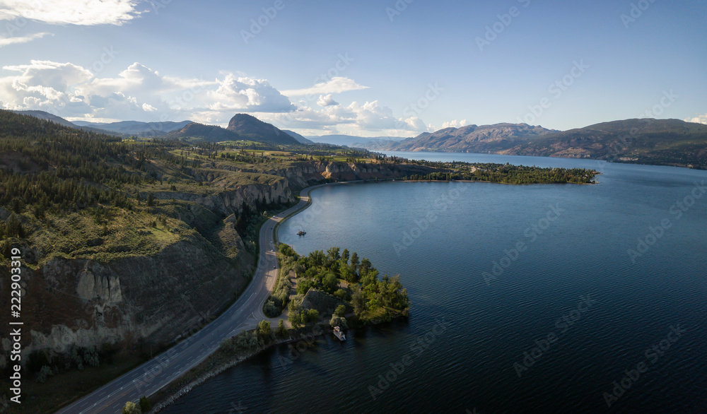 Aerial panoramic view of Okanagan Lake during a sunny summer day. Taken near Penticton, BC, Canada.