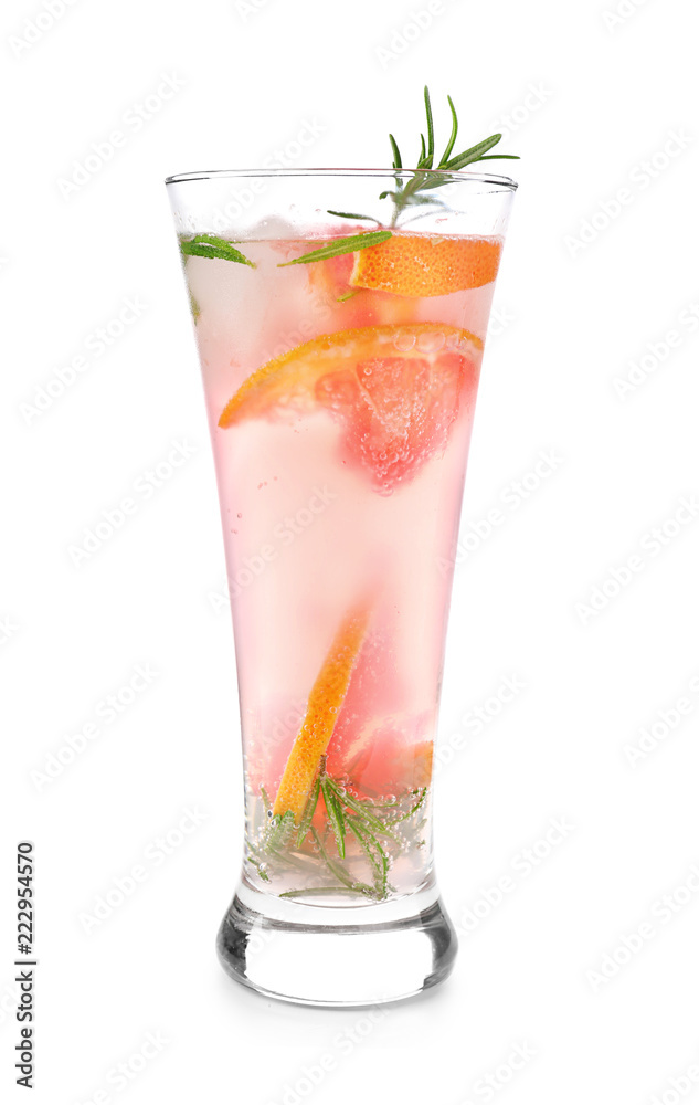 Fresh grapefruit cocktail with rosemary in glass on white background