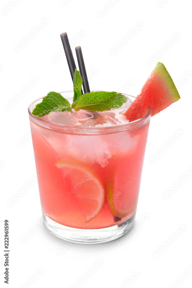 Glass of tasty cold watermelon lemonade on white background