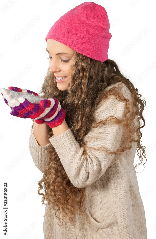 Young Woman Holding Snow - Isolated