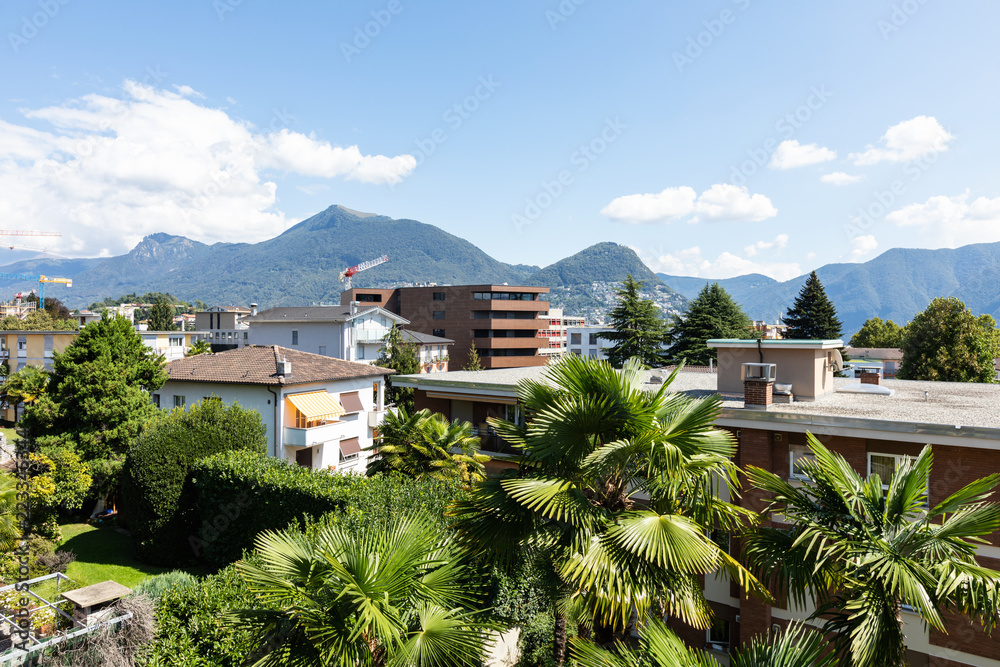 Terrace with view on Swiss hills. Nobody inside