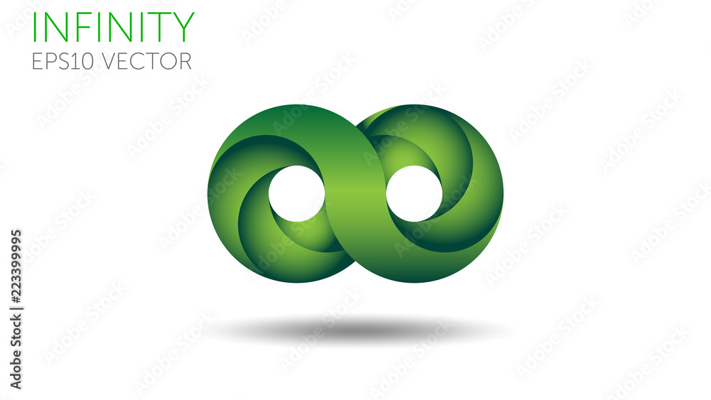 Infinity symbol vector illustration. Loop neverending shape, modern style. Green color with shadows.