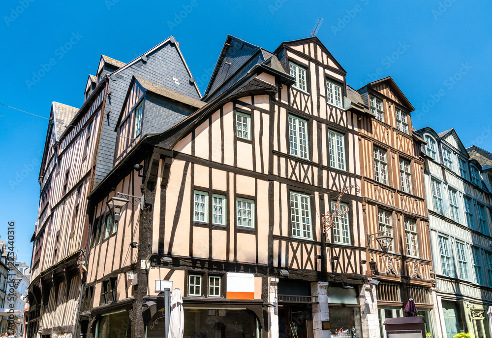 Traditional half-timbered houses in the old town of Rouen, France