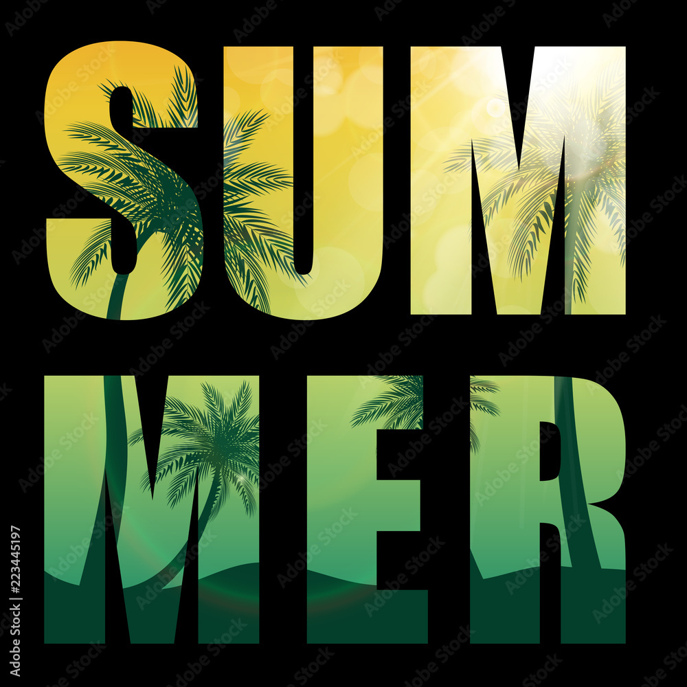 Summer Word from Beautifil Palm Tree Leaf  Silhouette Background Vector Illustration