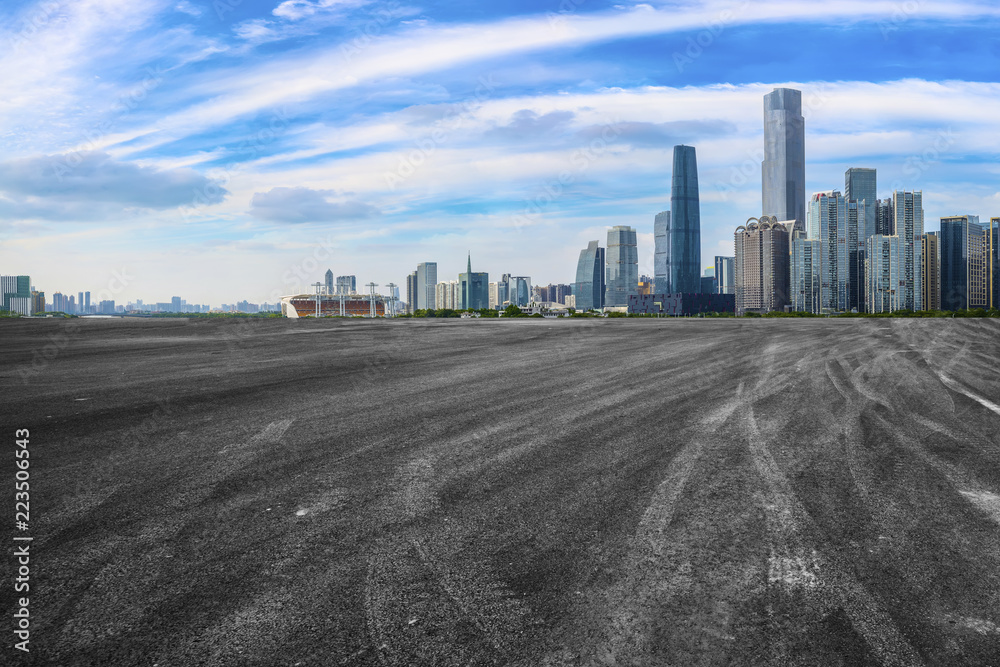 Road pavement and Guangzhou city buildings skyline