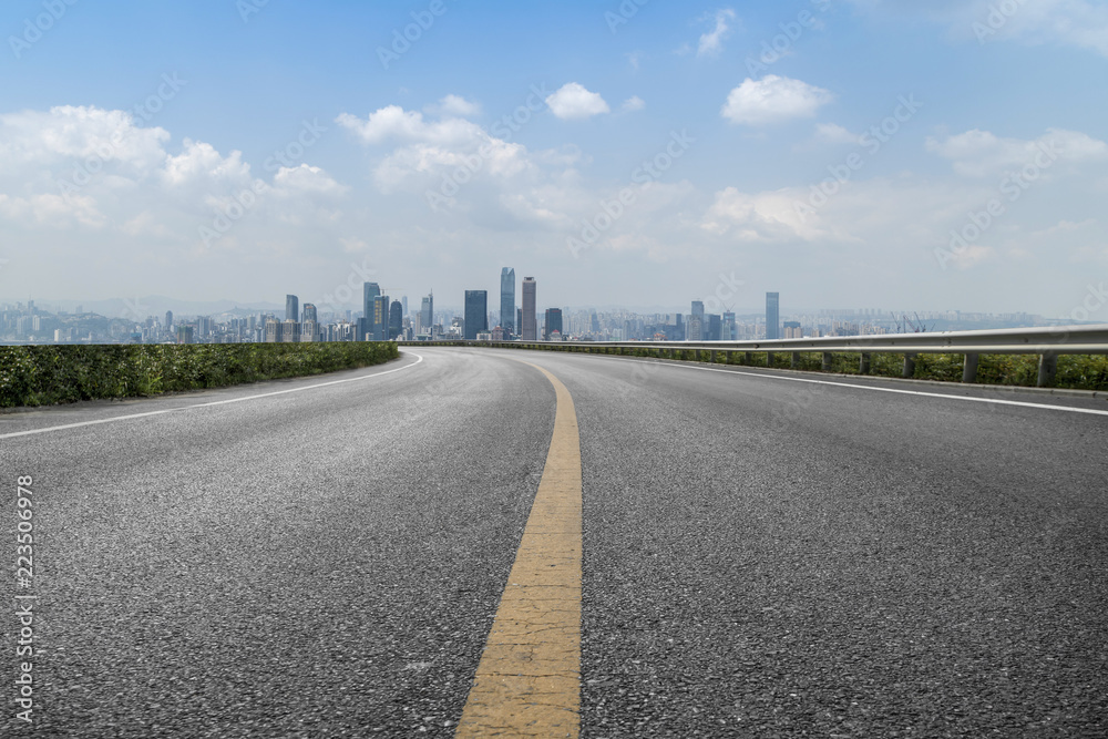 Road pavement and Chongqing urban architecture skyline