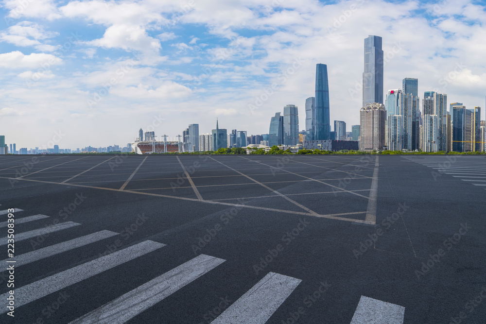 Road pavement and Guangzhou city buildings skyline