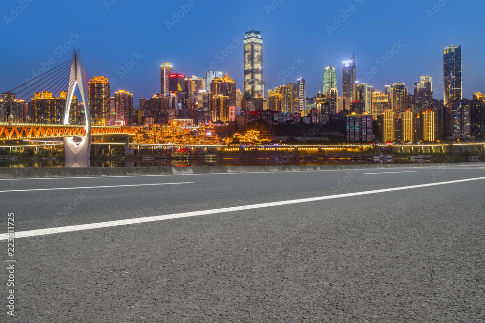 Road pavement and Chongqing urban architecture skyline