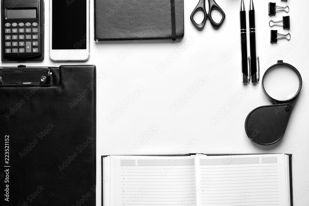 Composition with different school stationery on white background