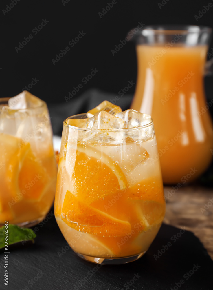 Fresh summer cocktail in glasses on slate plate