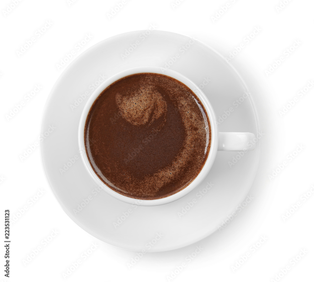 Cup of hot chocolate on white background