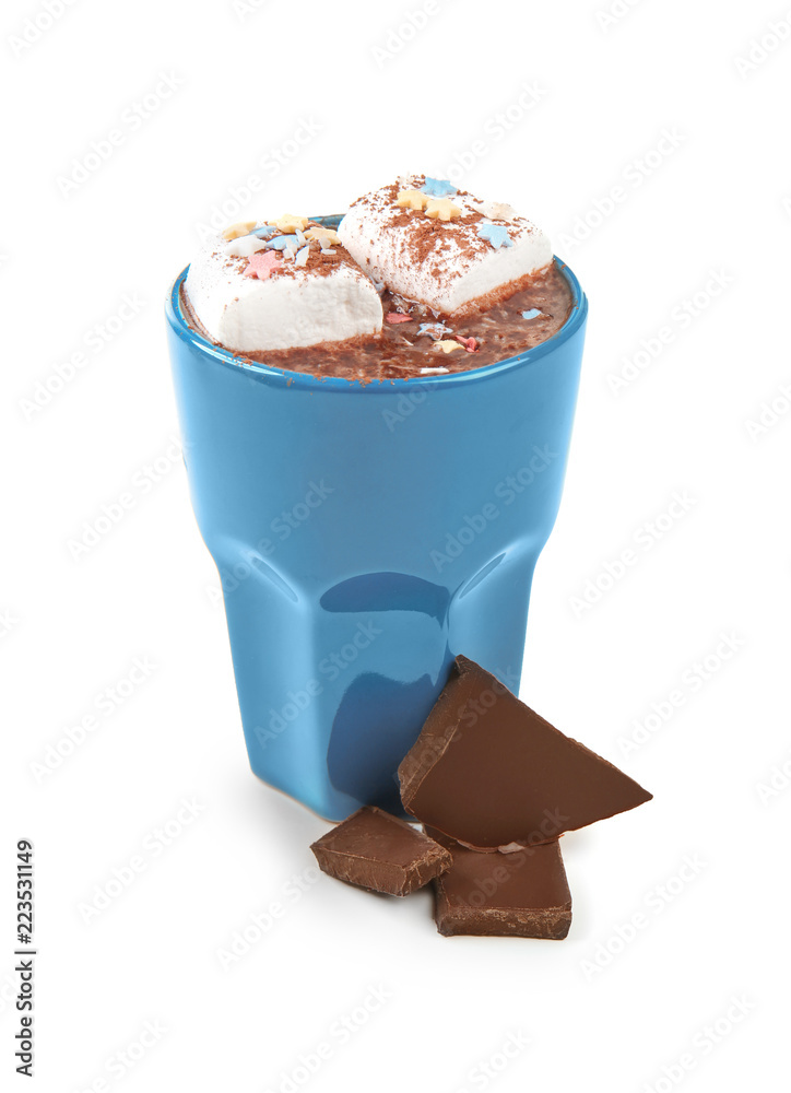 Cup of hot chocolate with marshmallows on white background