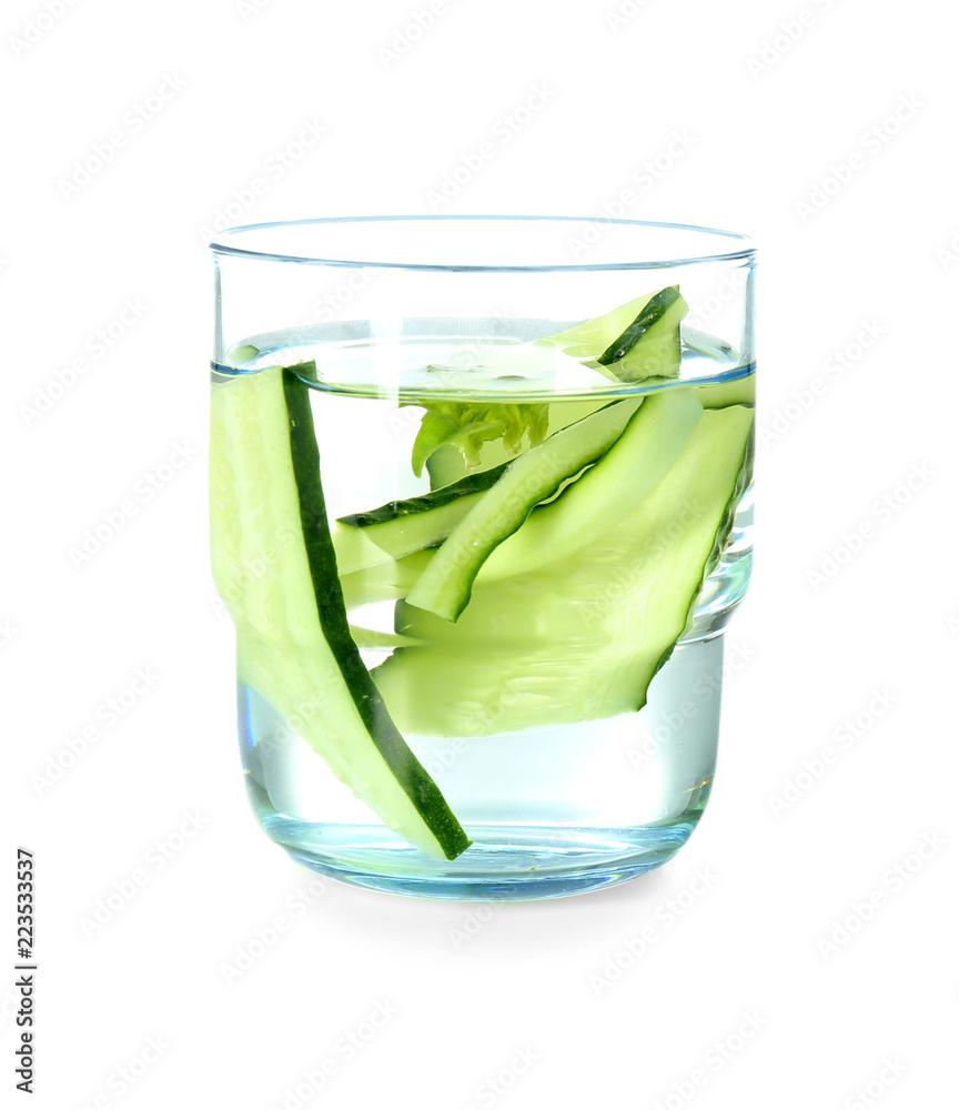 Glass of fresh cucumber water on white background