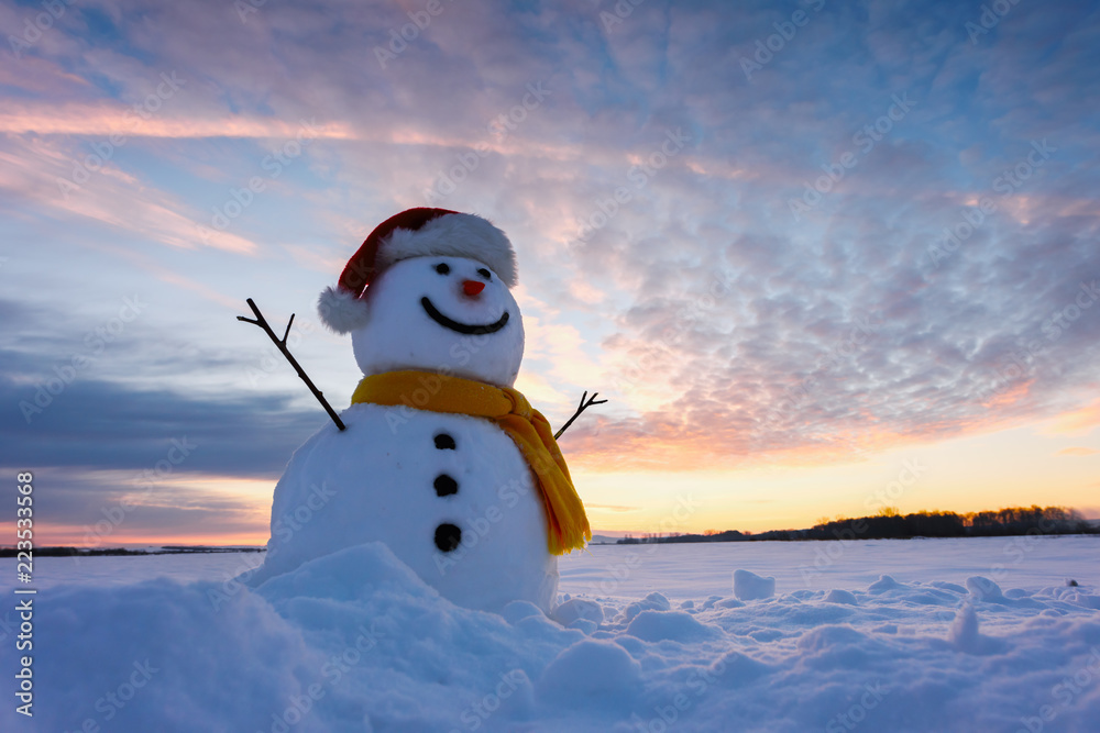 Funny snowman in Santa hat and yellow scalf on snowy field. Merry Christmass and happy New Year!