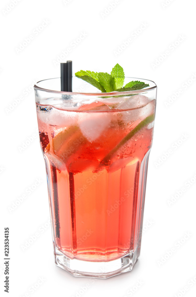 Glass of tasty cold watermelon lemonade on white background