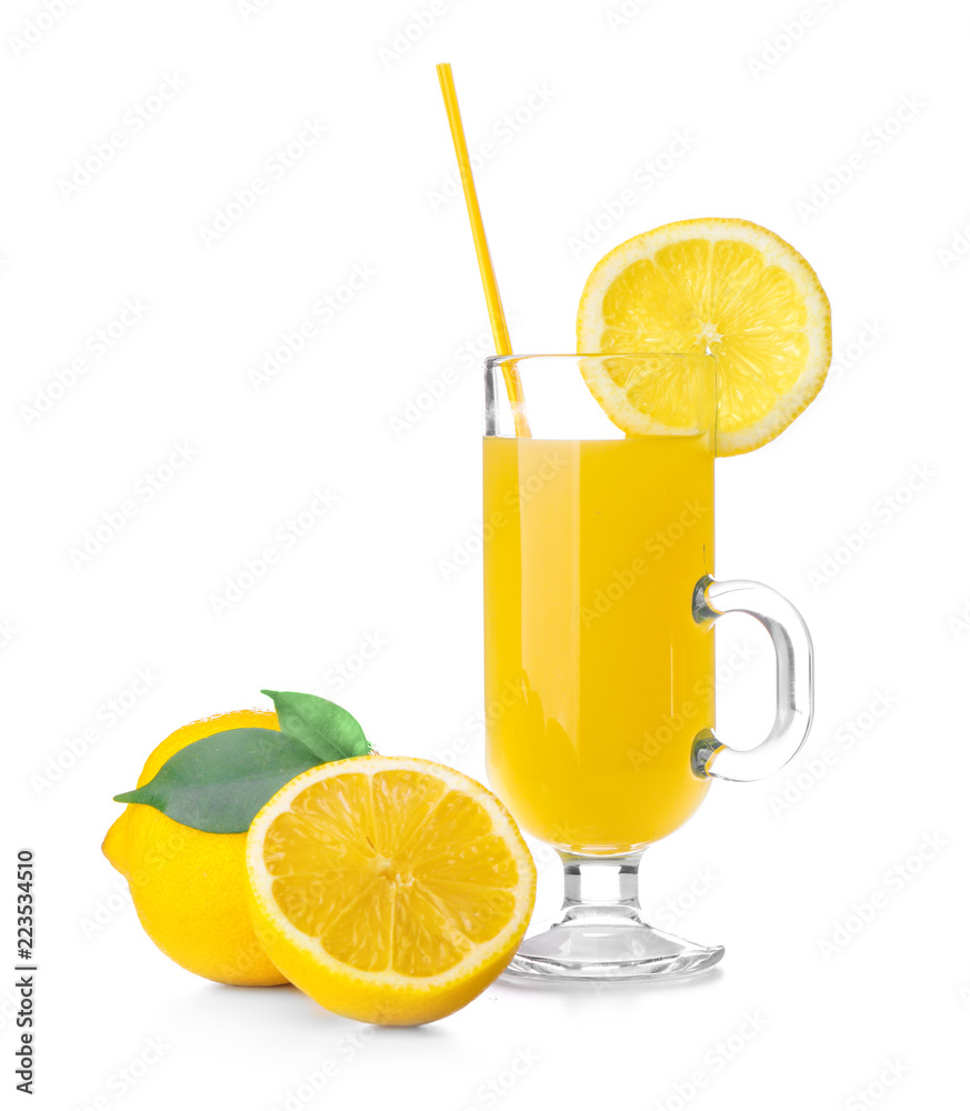 Glass cup of fresh lemon juice on white background