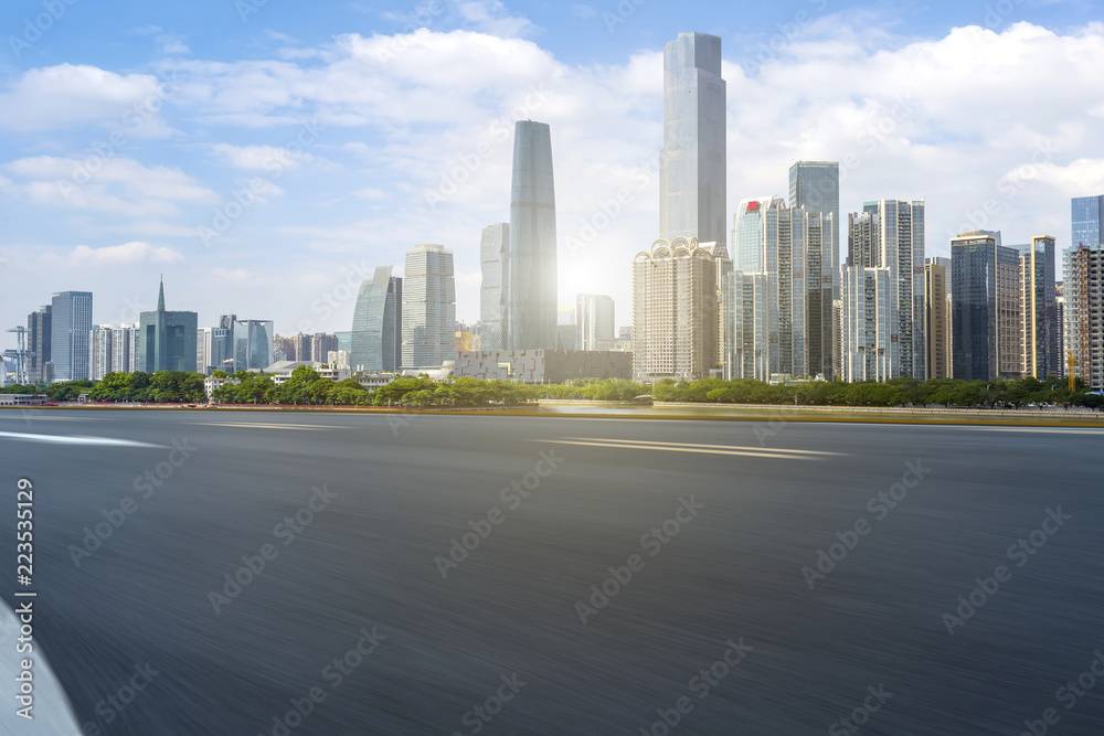 Road pavement and Guangzhou city buildings skyline