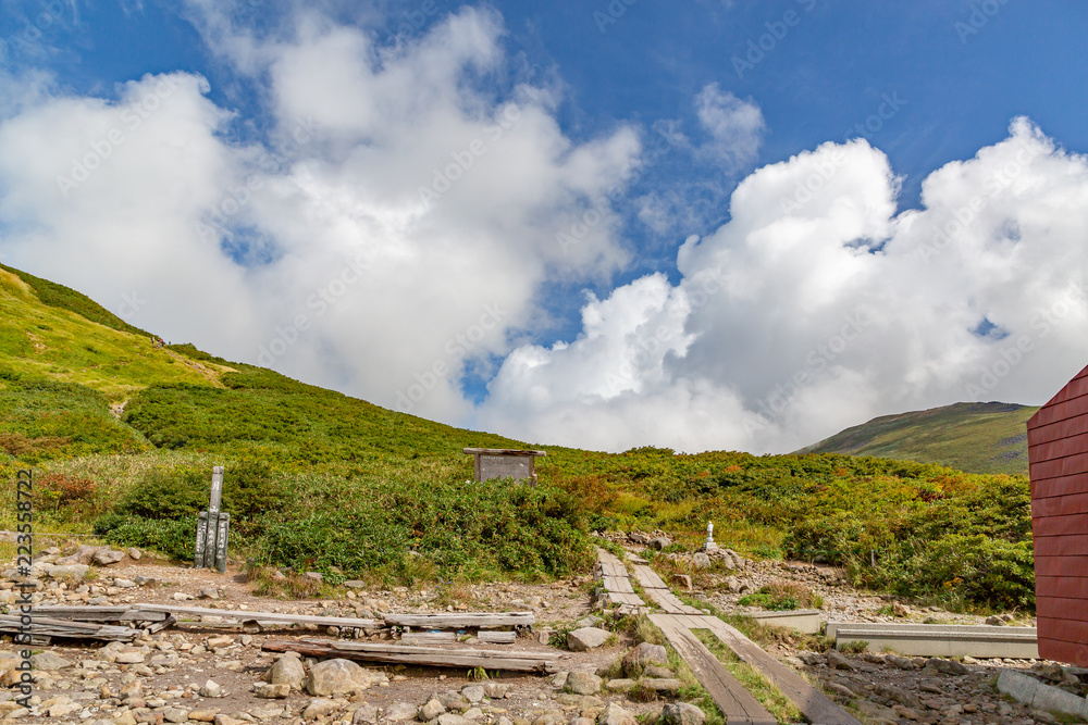 緑の山と登山道