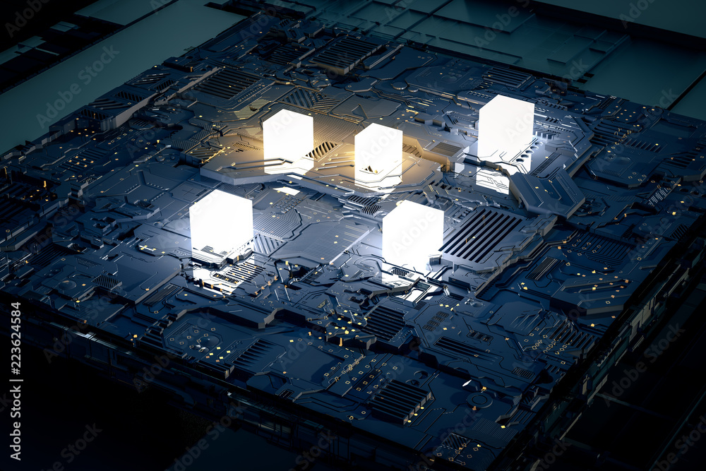 3d rendering, Circuit board and gold glow chip