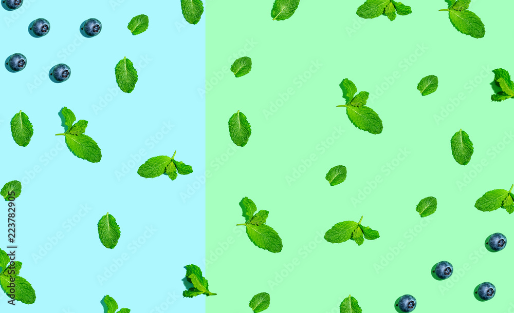 Blueberries and mints on pastel green and blue background