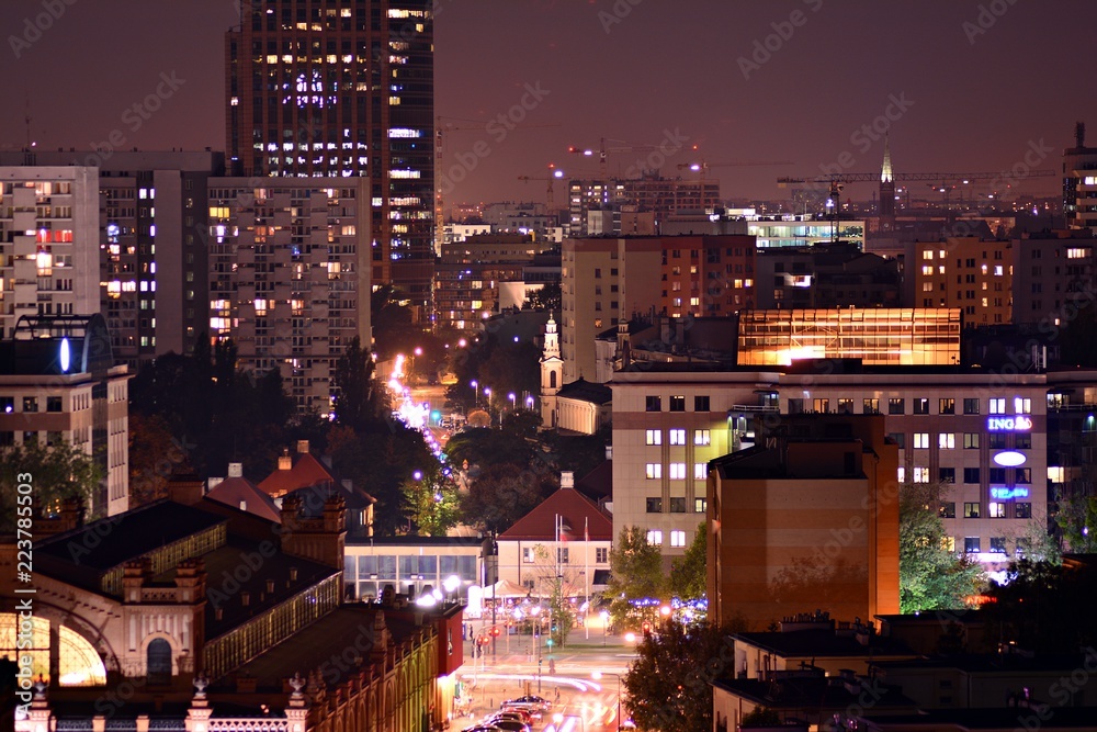 Night lights, city office building downtown, cityscape view.