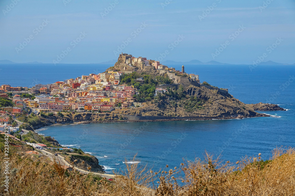 Beautiful coastal town with colorful houses resting on hill overlooking the sea.