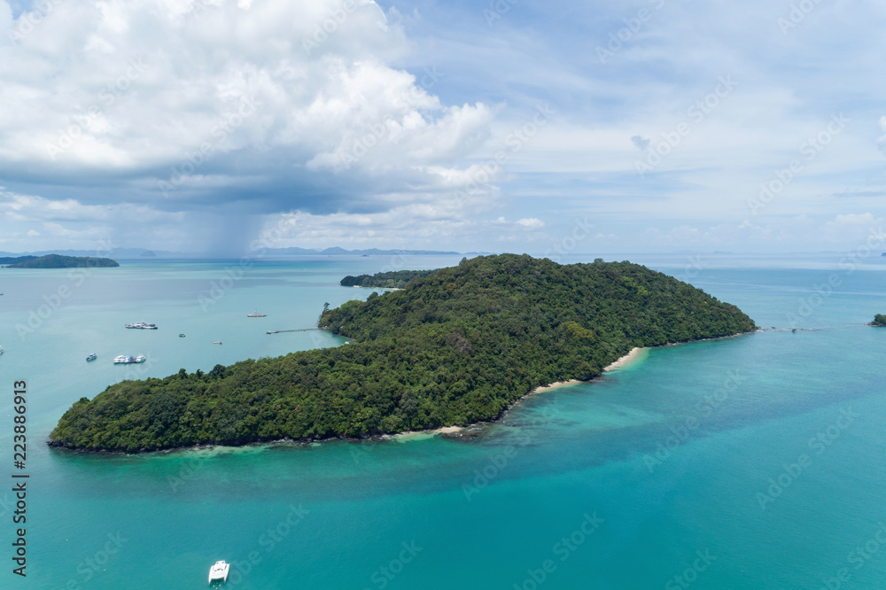 Aerial view drone shot of small island in phuket thailand