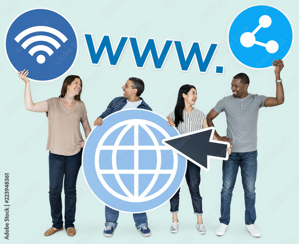 Diverse people holding internet icons