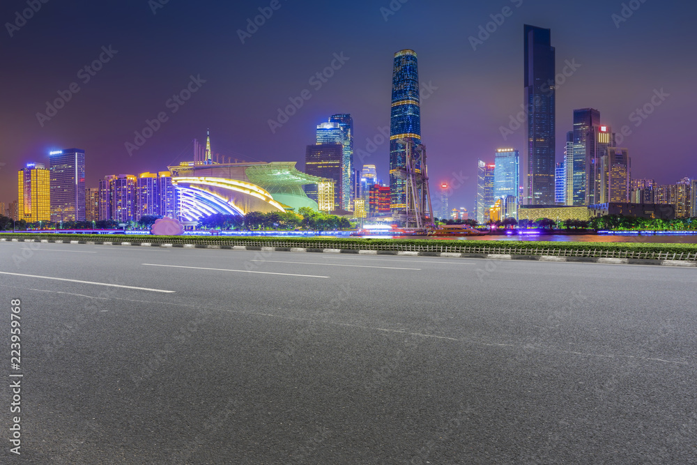 Road pavement and Guangzhou city buildings skyline