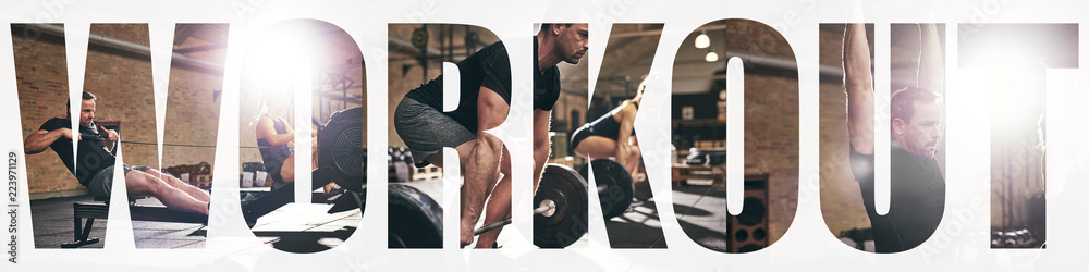 Collage of two fit people exercising together at the gym