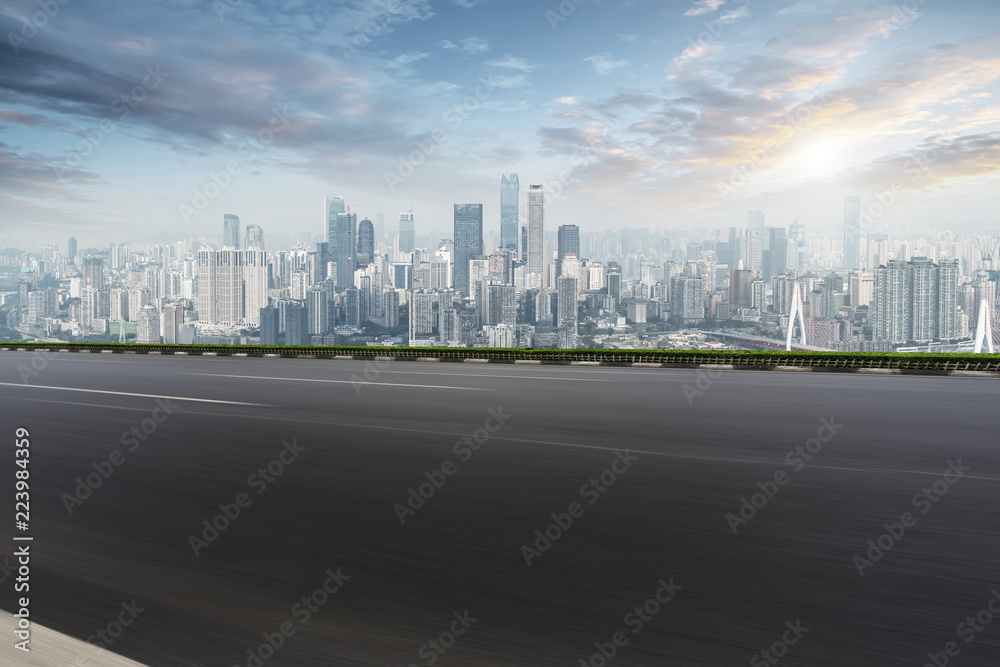 Road pavement and Chongqing urban architecture skyline