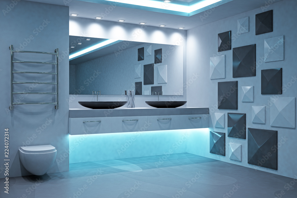 Concrete illuminated bathroom interior