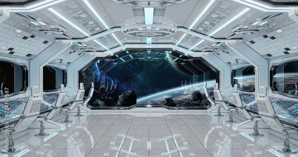 White clean spaceship interior with view on planet Earth 3D rendering