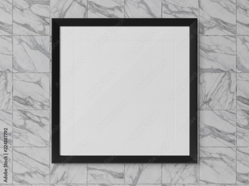 Black squared frame hanging on a marble wall mockup 3D rendering