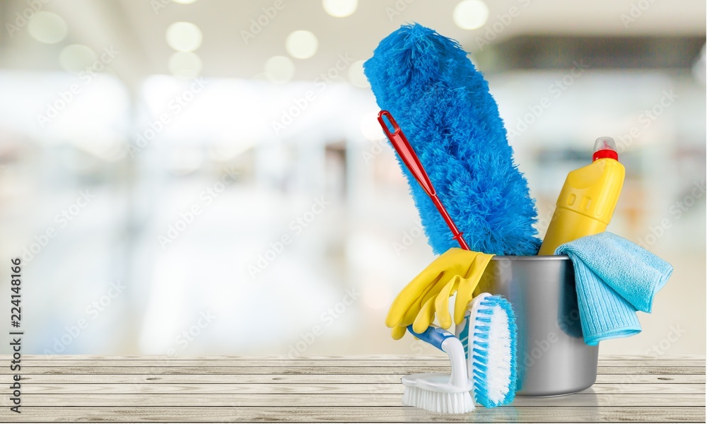 Plastic bottles, cleaning sponge and gloves