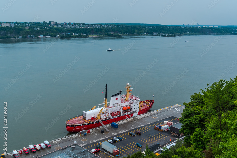 QUEBEC CITY, QUEBEC / CANADA - JULY 14 2018: Ship on Saint Laurent river