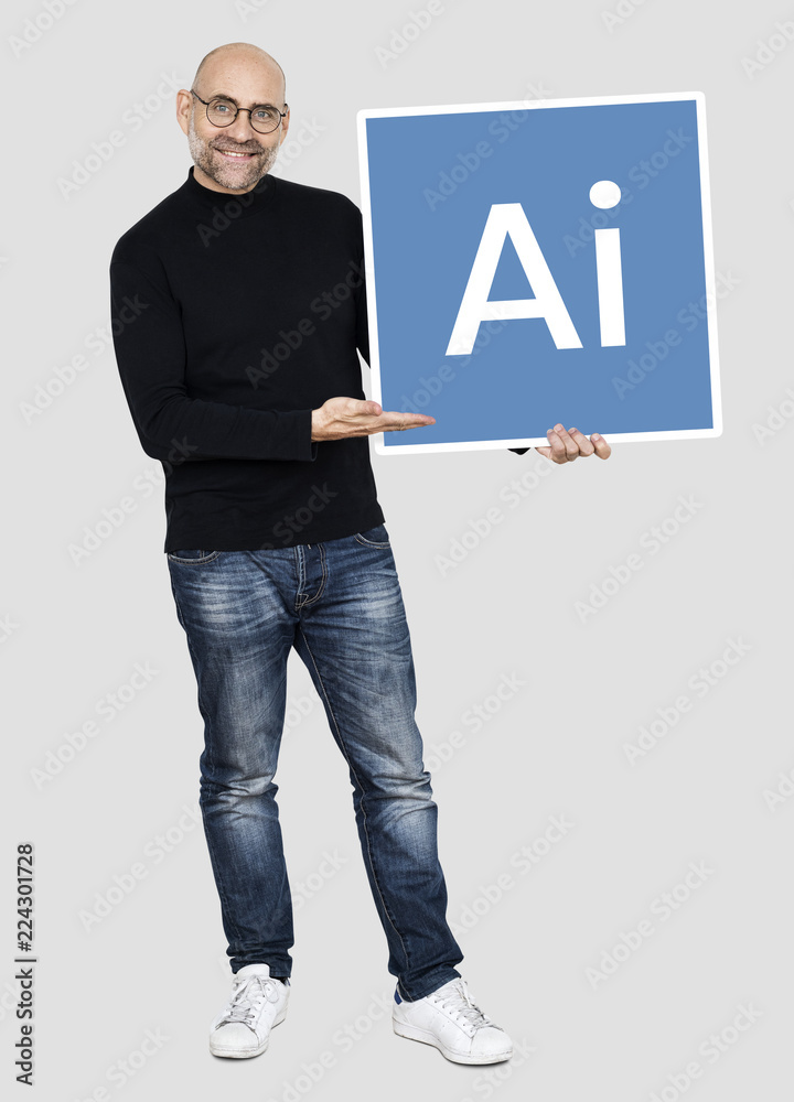 A cheerful man holding an artificial intelligence icon