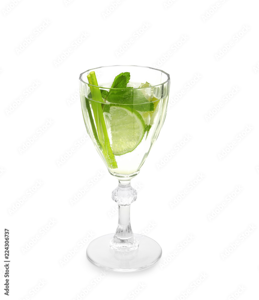 Glass of fresh mojito on white background