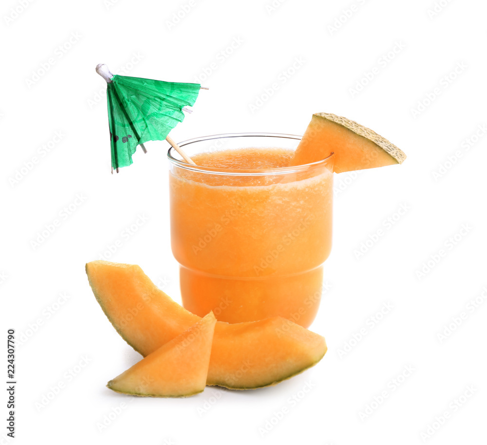 Glass of fresh melon smoothie on white background