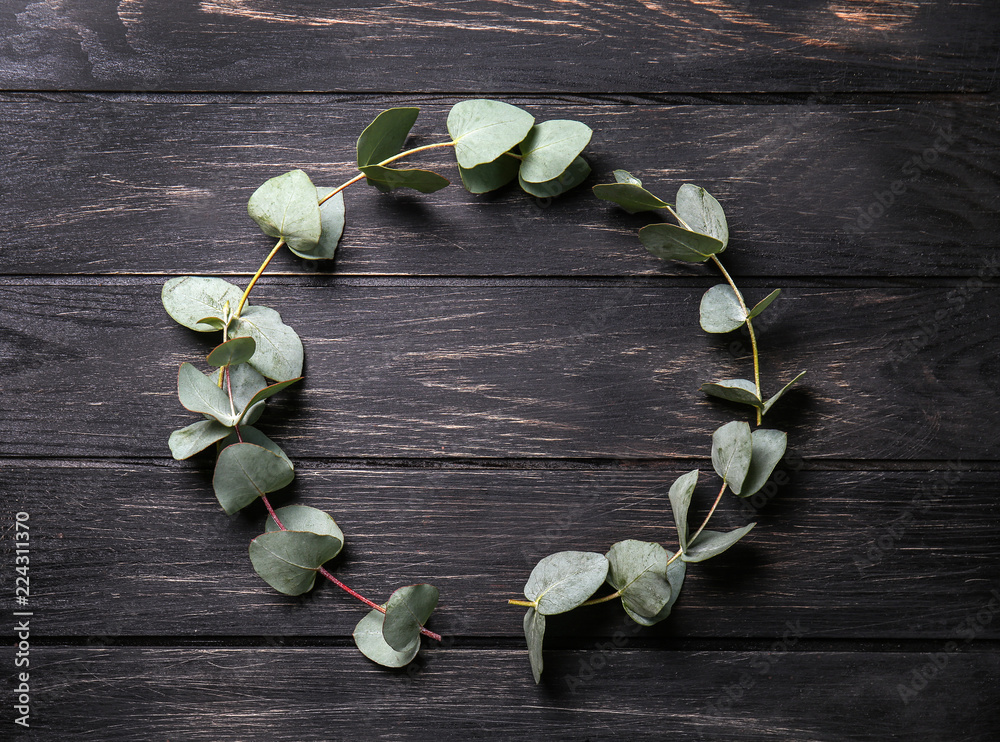 Green eucalyptus branches on dark wooden table