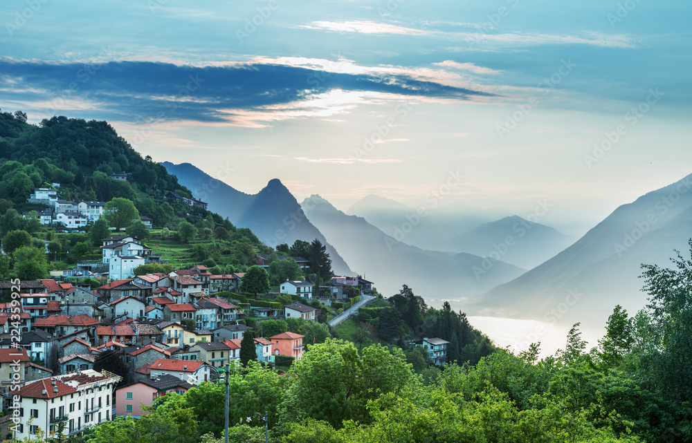 Village of Brè. Switzerland, May 12, 2018. Beautiful view from Monte Brè Mountain of village in the 