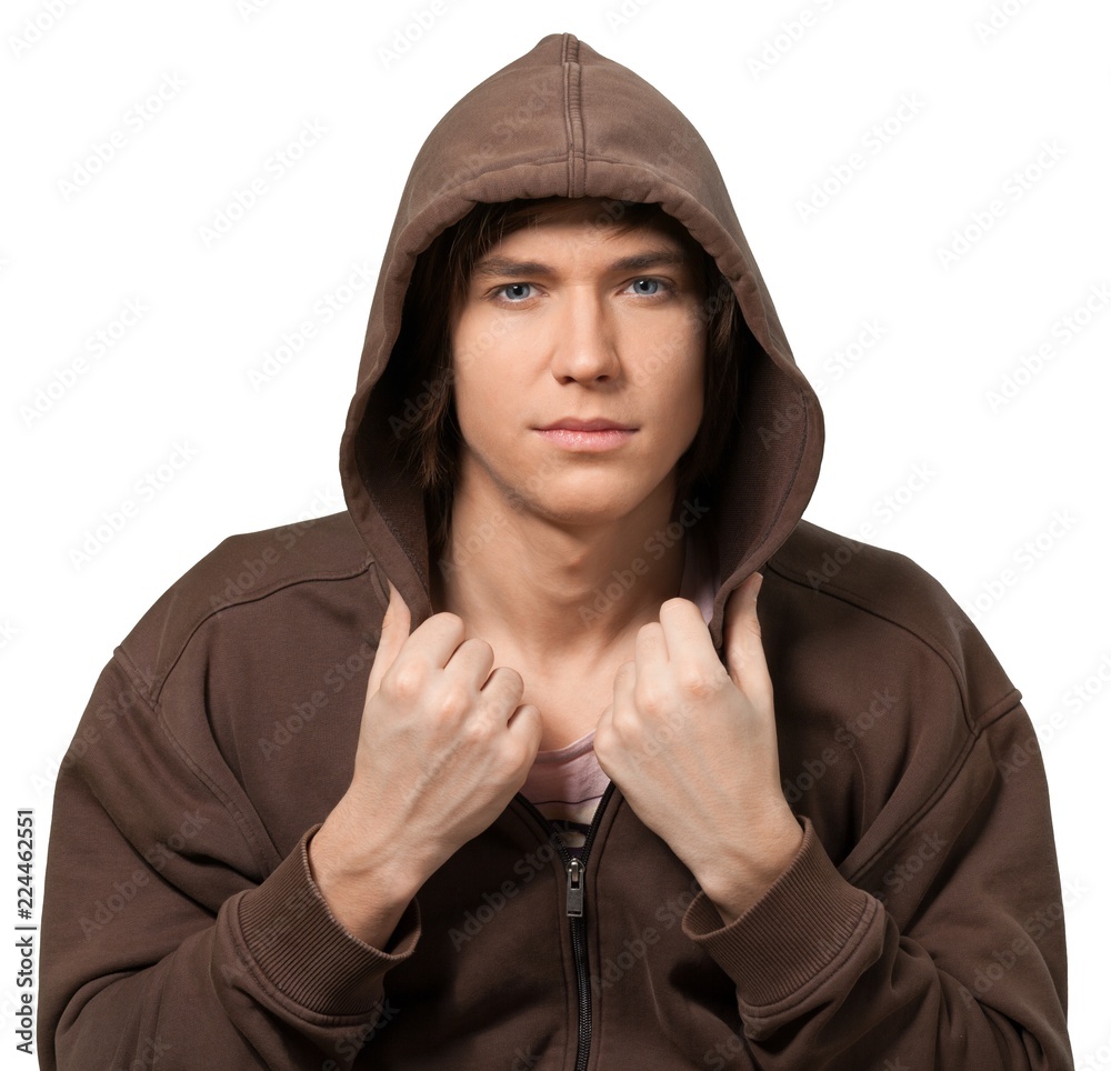 Head shot of a college aged caucasian male weared a hoodie