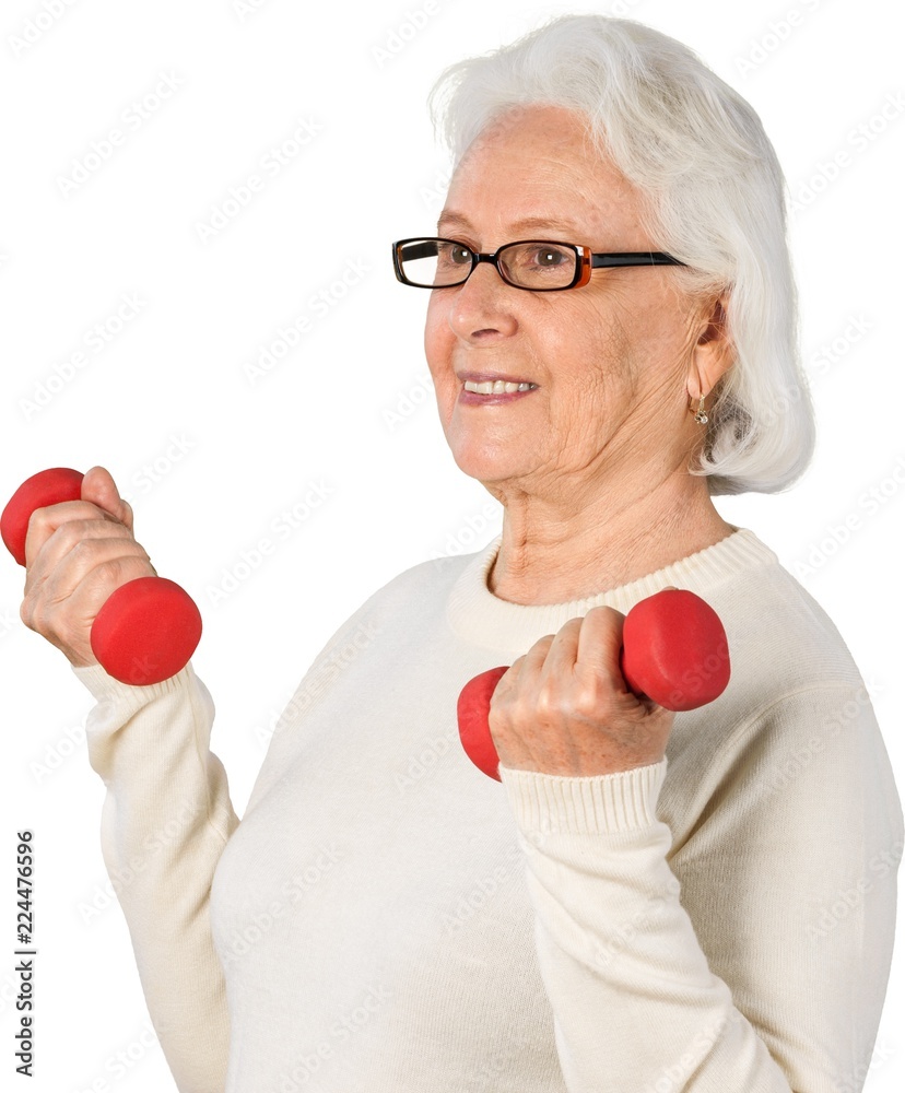 Portrait of old Woman with dumbells, Isolated on Transparent