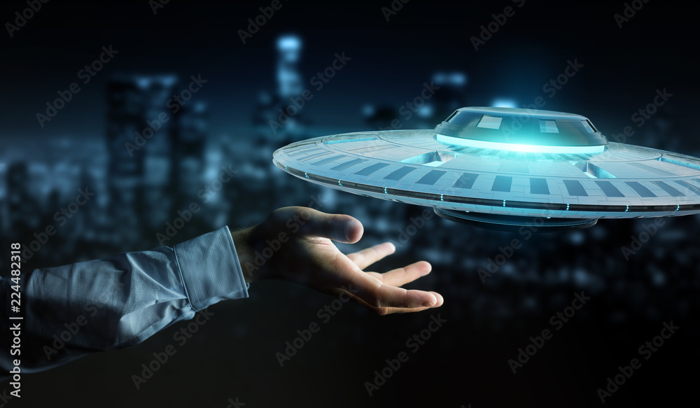 Businessman with retro UFO spaceship 3D rendering