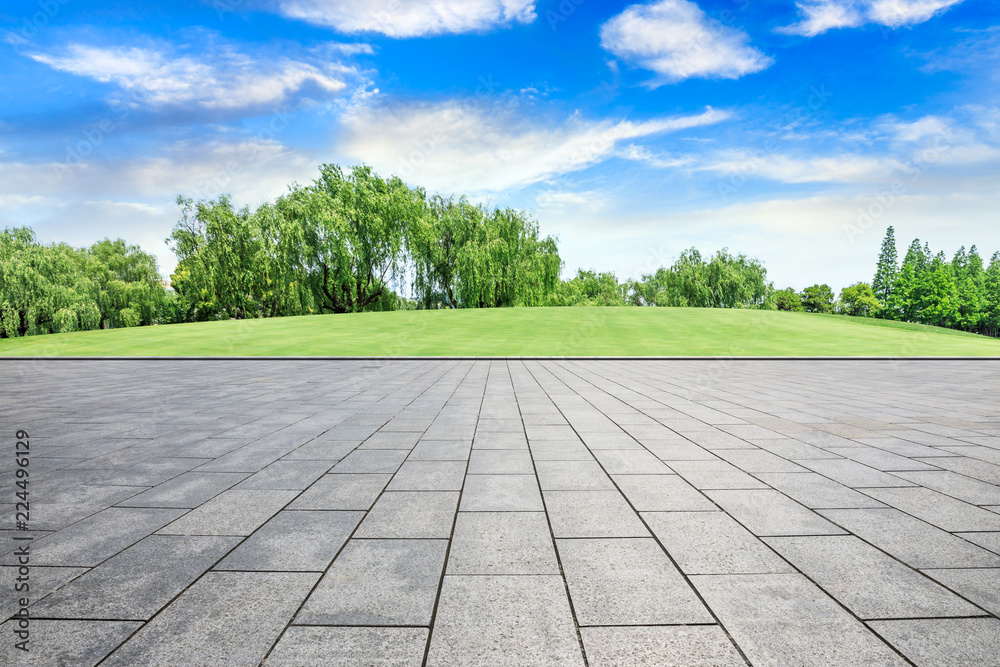 Empty city square floor and green woods scenery