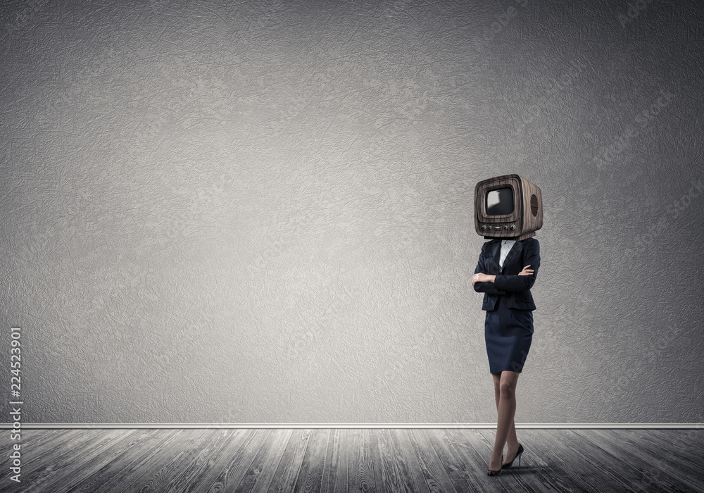 Business woman with an old TV instead of head.